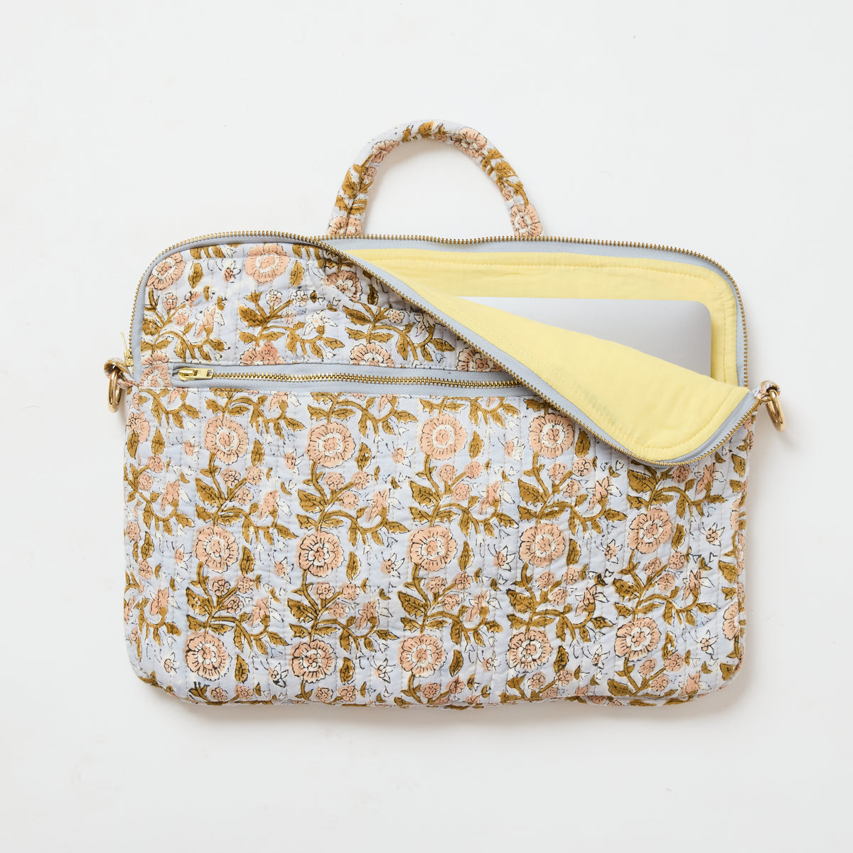 Laptop tote showing contrast yellow coloured lining and zip pockets by Picnic Folk.