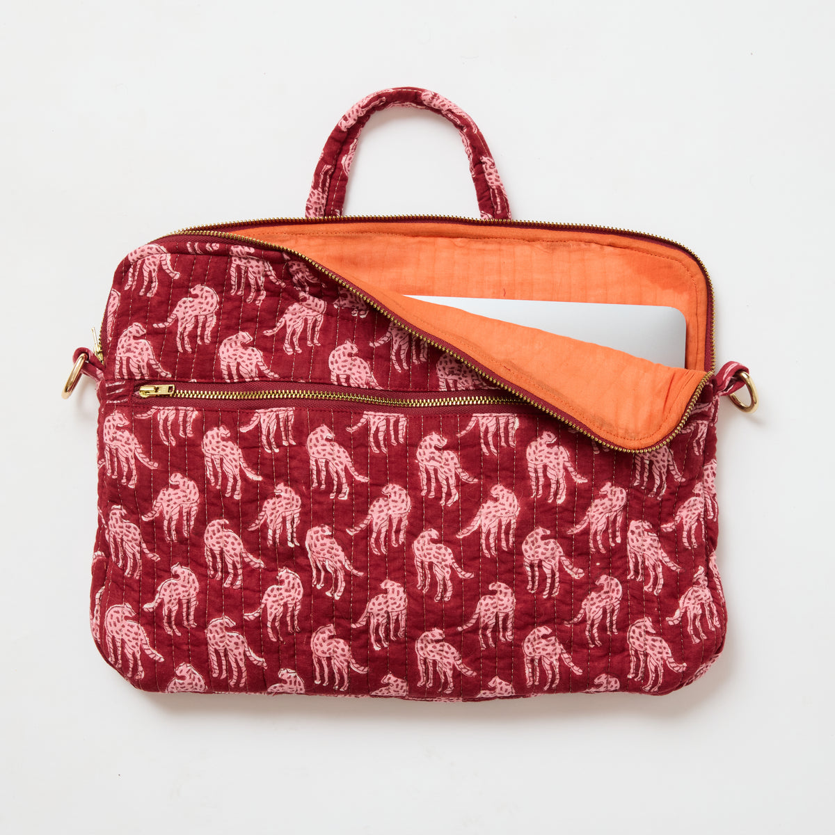 Laptop tote showing contrast orange coloured lining and zip pockets by Picnic Folk.