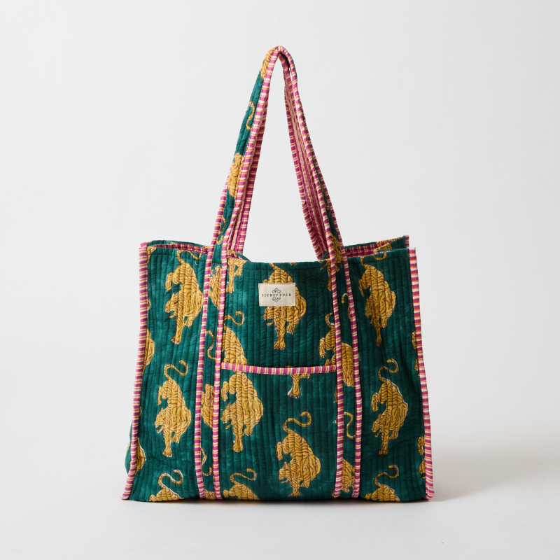 Handcrafted reversible tote bag in Tiger Forest, quilted cotton by Picnic Folk. Two looks in one bag. Deep front pocket.