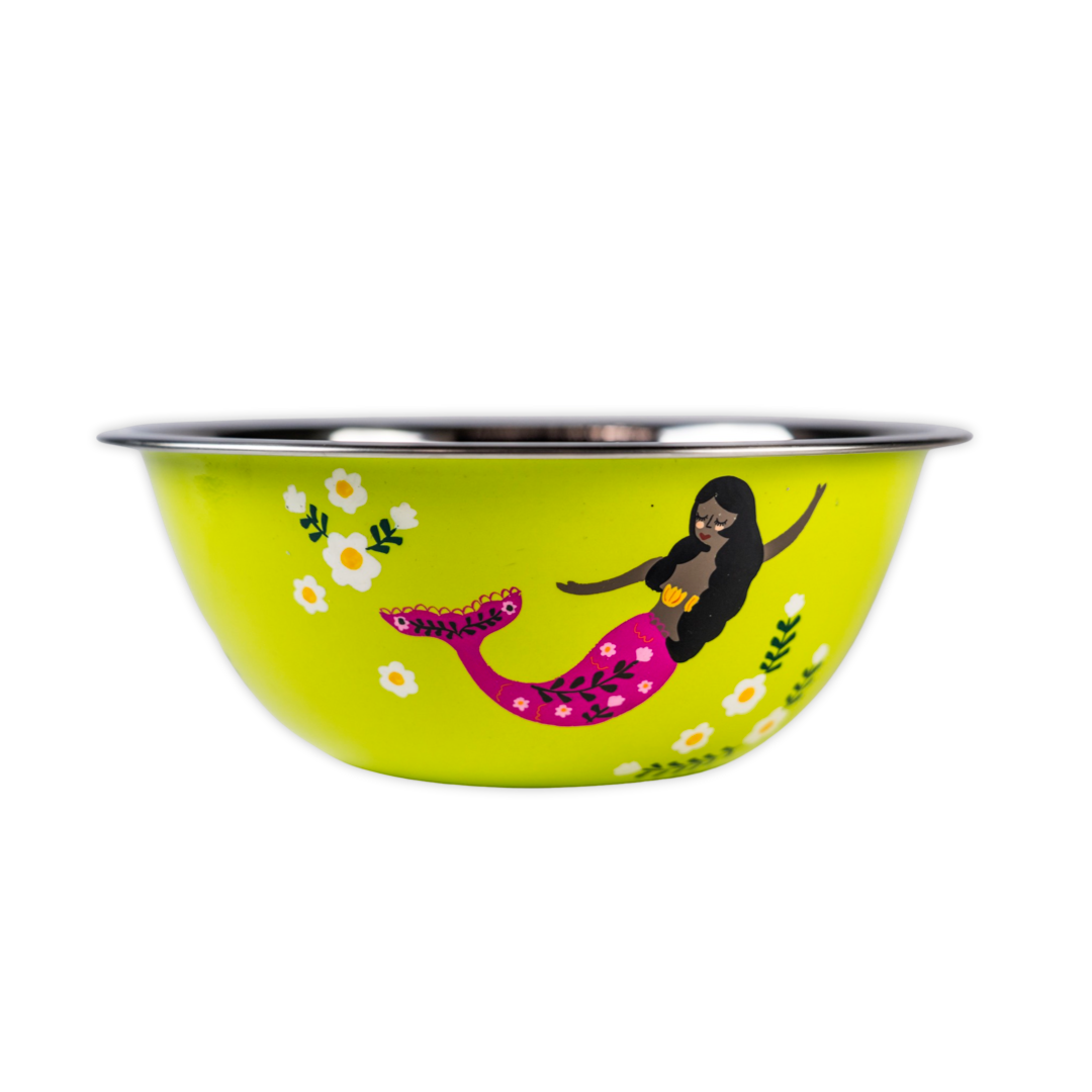 Hand-painted stainless steel mixing bowl in lime green with mermaid design by Picnic Folk.